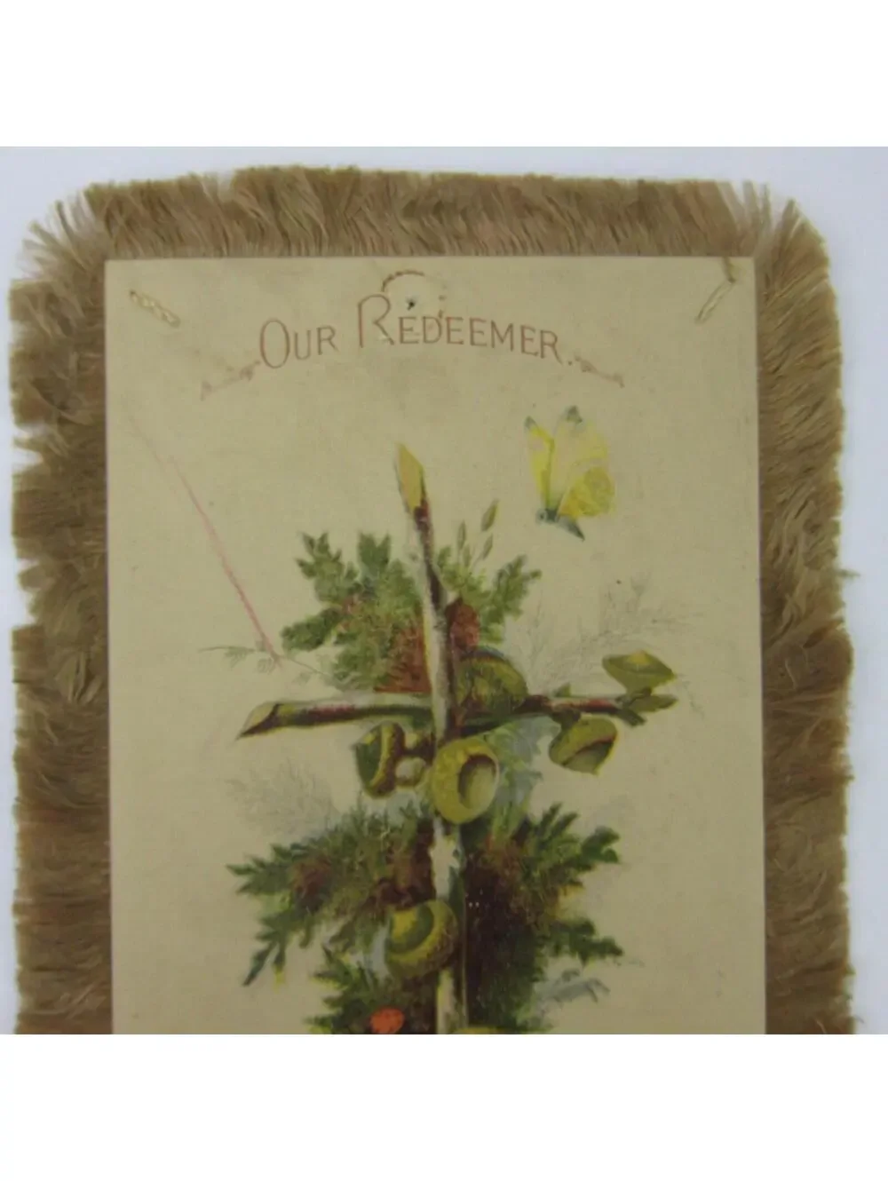 Victorian Card Easter Cross Branches Tree Bough Silk Fringe Double Sided Antique